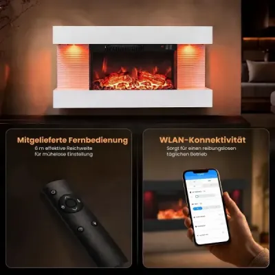 32" elektrický krb s 3-stranným vykurovaním, elektrický krb s bočným LED osvetlením a 12 farbami plameňa, biely