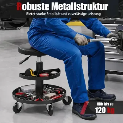 Dielenská stolička Otočná stolička na kolieskach, výškovo nastaviteľná v rozmedzí 42–56 cm, s 2 odkladacími plochami na náradie, čierna
