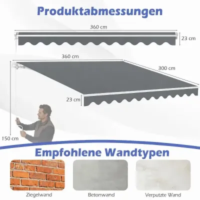 Vyťahovacia markíza Hliníková ochrana pred slnkom na terase s kľukou 3,6 m × 3 m Sivá
