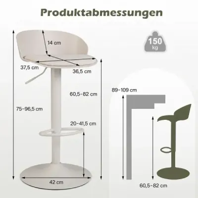 Sada 2 barových stoličiek, otočné o 360°, s nastaviteľnou výškou, nosnosť 150 kg, rozmery 42 x 42 x 75–96,5 cm, béžová farba
