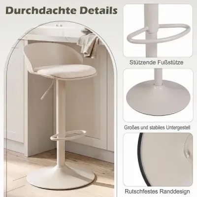 Sada 2 barových stoličiek, otočné o 360°, s nastaviteľnou výškou, nosnosť 150 kg, rozmery 42 x 42 x 75–96,5 cm, béžová farba