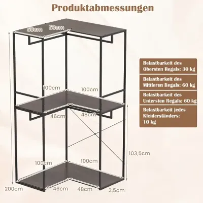 Drevený vešiak na oblečenie v tvare L, 3 police, 4 tyče, 100 × 100 × 200 cm, sivá + čierna