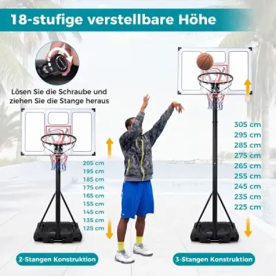 Prenosný basketbalový stojan s výškovo nastaviteľným košom (125–305 cm) a 109 cm odolným doskovým panelom