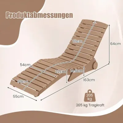 Ležadlo z HDPE, ergonomické záhradné ležadlo v tvare S, plážové ležadlo odolné voči poveternostným vplyvom s kolieskami, hnedé