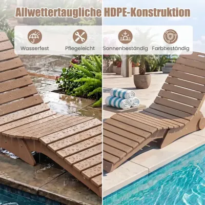 Ležadlo z HDPE, ergonomické záhradné ležadlo v tvare S, plážové ležadlo odolné voči poveternostným vplyvom s kolieskami, hnedé