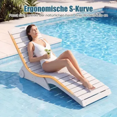 Sada 2 ležadiel z HDPE, ergonomické záhradné ležadlá v tvare S, plážové ležadlá odolné voči poveternostným vplyvom s kolieskami, biele