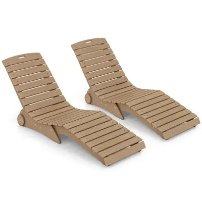Sada 2 ležadiel z HDPE, ergonomické záhradné ležadlá v tvare S, plážové ležadlá odolné voči poveternostným vplyvom s kolieskami, hnedé