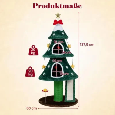 137 cm vianočný stromček pre mačky – roztomilá mačacia veža s 2 jaskyňami, škrabadlom a škrabadlovou doskou