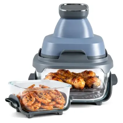 Prenosná fritéza 6 v 1: Vyprážanie a pečenie na horúcom vzduchu, sklenené nádoby s objemom 4 l a 1,7 l, 1500 W, modrá