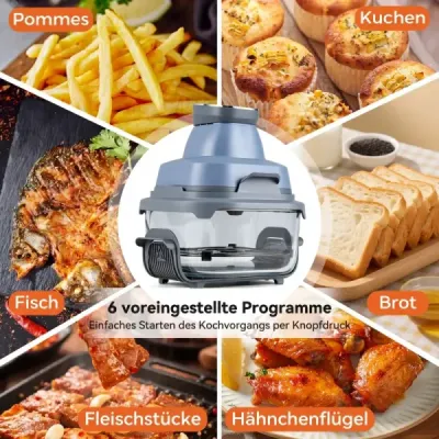 Prenosná fritéza 6 v 1: Vyprážanie a pečenie na horúcom vzduchu, sklenené nádoby s objemom 4 l a 1,7 l, 1500 W, modrá