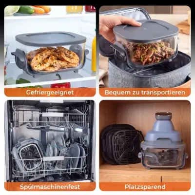 Prenosná fritéza 6 v 1: Vyprážanie a pečenie na horúcom vzduchu, sklenené nádoby s objemom 4 l a 1,7 l, 1500 W, modrá