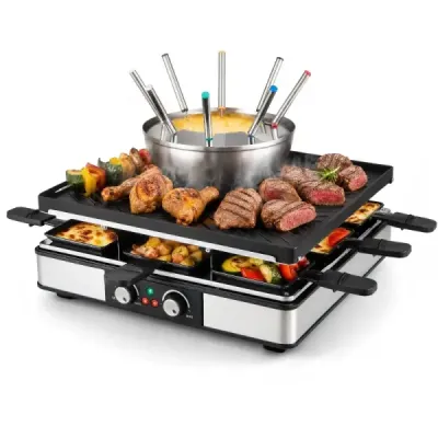 Raclette gril s funkciou fondue, elektrický gril s výkonom 2200 W pre 8 osôb s nepriľnavou grilovacou doskou a 8 panvicami