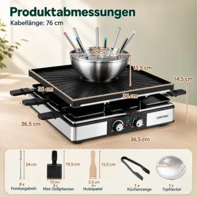 Raclette gril s funkciou fondue, elektrický gril s výkonom 2200 W pre 8 osôb s nepriľnavou grilovacou doskou a 8 panvicami