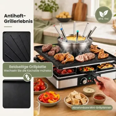 Raclette gril s funkciou fondue, elektrický gril s výkonom 2200 W pre 8 osôb s nepriľnavou grilovacou doskou a 8 panvicami