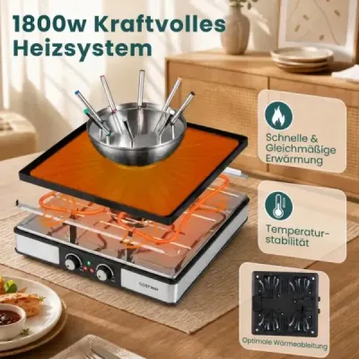 Raclette gril s funkciou fondue, elektrický gril s výkonom 2200 W pre 8 osôb s nepriľnavou grilovacou doskou a 8 panvicami