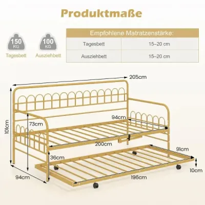 Rozkladacia pohovka s pevným kovovým rámom a vysúvacou posteľou, denná pohovka 90 x 200 cm, zlatá