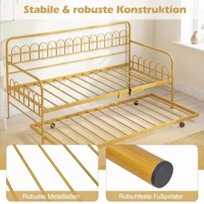 Rozkladacia pohovka s pevným kovovým rámom a vysúvacou posteľou, denná pohovka 90 x 200 cm, zlatá