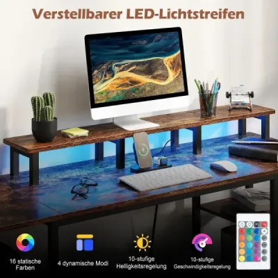 Písací stôl so zásuvkami a LED osvetlením, počítačový stôl s 2 látkovými zásuvkami a stojanom na monitor, hnedý