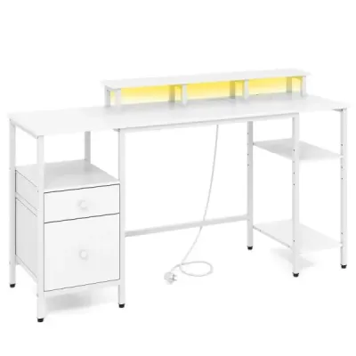 Písací stôl so zásuvkami a LED osvetlením, počítačový stôl s 2 látkovými zásuvkami a stojanom na monitor, biely