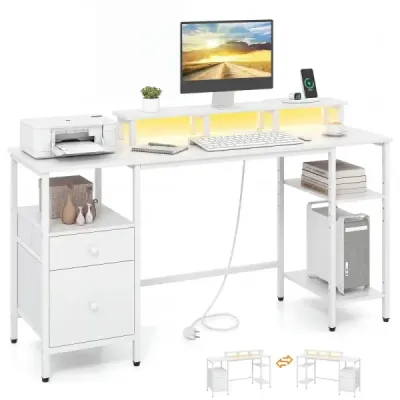 Písací stôl so zásuvkami a LED osvetlením, počítačový stôl s 2 látkovými zásuvkami a stojanom na monitor, biely