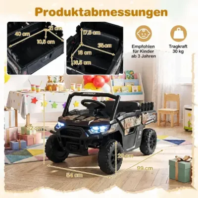 Elektrický traktor 12 V – detské elektrické autíčko s diaľkovým ovládaním a prívesom pre deti od 3 rokov, čierne