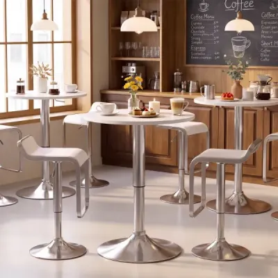 Kruhový barový stôl, priemer 60 cm, výška nastaviteľná v rozmedzí 67,5–91,5 cm, bistro stôl s nosnosťou do 80 kg, biela farba