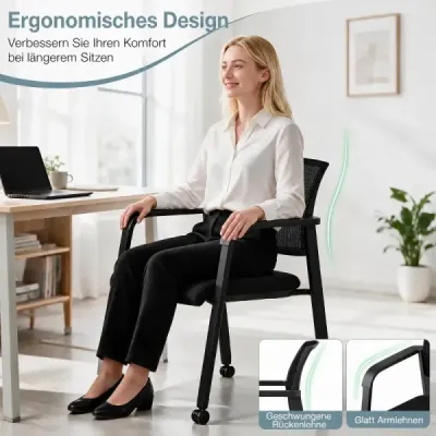 Sada 2 ks konferenčných stoličiek na kolieskach – stohovateľné stoličky pre návštevníkov s ergonomickým operadlom, čierne