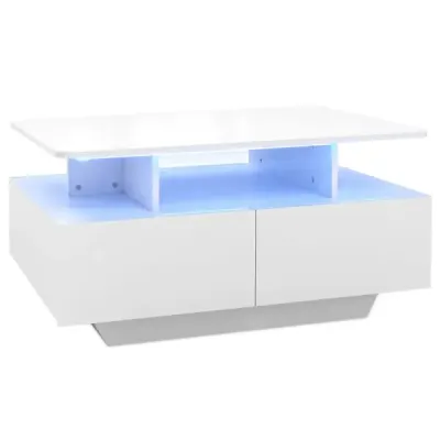 Moderný konferenčný stolík, obývačkový stolík s LED osvetlením, 4 zásuvky, matná biela