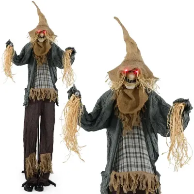 Halloweenský strašiak, stojací, 210 cm, slamená bábka, animovaná, halloweenská dekorácia pre strašidelný dom, dvor a párty
