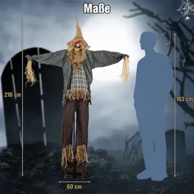 Halloweenský strašiak, stojací, 210 cm, slamená bábka, animovaná, halloweenská dekorácia pre strašidelný dom, dvor a párty