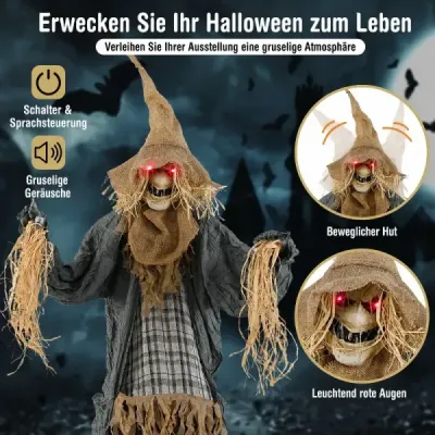 Halloweenský strašiak, stojací, 210 cm, slamená bábka, animovaná, halloweenská dekorácia pre strašidelný dom, dvor a párty