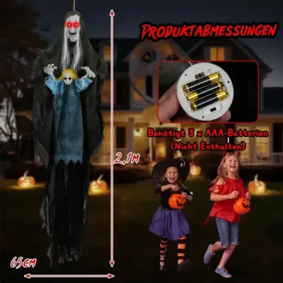 210 cm – visiaca hovoriaca halloweenská čarodejnica, halloweenská dekorácia so svietiacimi očami
