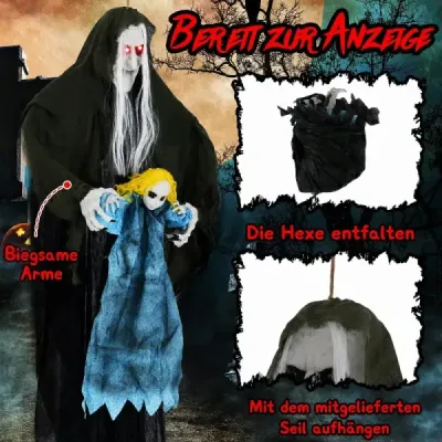 210 cm – visiaca hovoriaca halloweenská čarodejnica, halloweenská dekorácia so svietiacimi očami