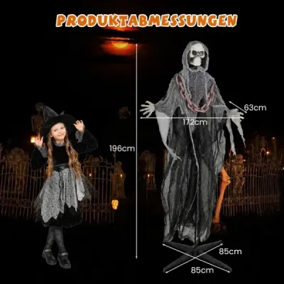 Halloweenská dekorácia do exteriéru – stojaca postava Smrť animatronická halloweenská dekorácia v podobe kostry