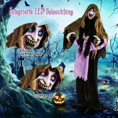 Halloween – animovaný upír, 160 cm, halloweenská dekorácia, stojaca, aktivovaná zvukom, so svietiacimi očami