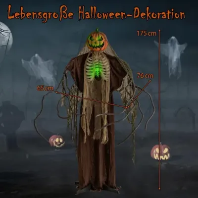 175 cm halloweenská tekvica s kostrou, strašidelným zvukom a podstavcom – halloweenská dekorácia so svietiacou hlavou