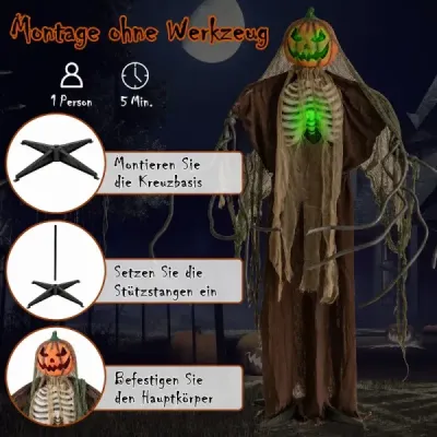 175 cm halloweenská tekvica s kostrou, strašidelným zvukom a podstavcom – halloweenská dekorácia so svietiacou hlavou