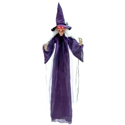 Halloween – animovaná visiaca čarodejnica, 180 cm, hovoriaca čarodejnica so svietiacimi očami, fialová