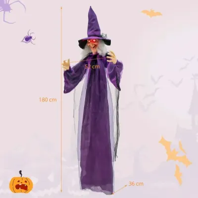 Halloween – animovaná visiaca čarodejnica, 180 cm, hovoriaca čarodejnica so svietiacimi očami, fialová