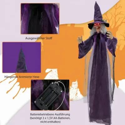 Halloween – animovaná visiaca čarodejnica, 180 cm, hovoriaca čarodejnica so svietiacimi očami, fialová