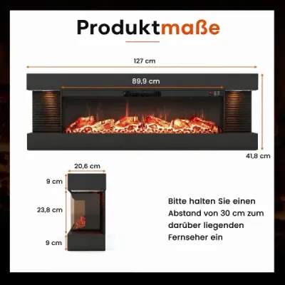 50" elektrický krb s 3-stranným ohrevom 750 W/1500 W, elektrický krb s bočnými LED svetlami, čierny