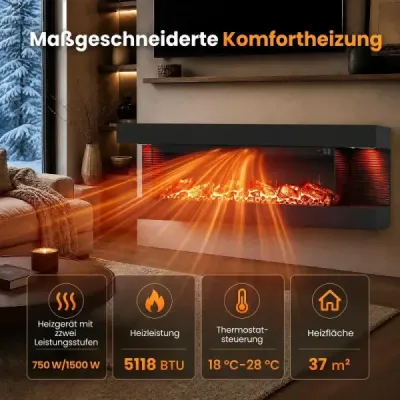 50" elektrický krb s 3-stranným ohrevom 750 W/1500 W, elektrický krb s bočnými LED svetlami, čierny