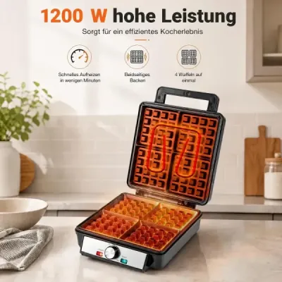 Vaflovač na 4 belgické vafle, 1200 W, štvorcový vaflovač s otočným prepínačom