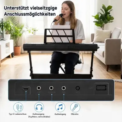Sada 61 klávesov s klávesmi, stojanom, stoličkou a mikrofónom, elektrické klávesy s 200 zvukmi, čierna