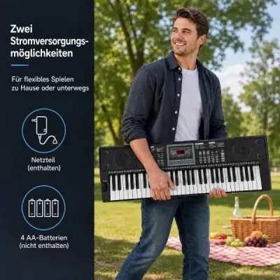 Sada 61 klávesov s klávesmi, stojanom, stoličkou a mikrofónom, elektrické klávesy s 200 zvukmi, čierna