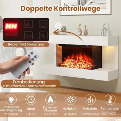 Elektrický krb s vyhrievaním a bočným osvetlením LED Plávajúci nástenný krb s diaľkovým ovládaním