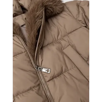 Dámska zimná bunda s kapucňou a ozdobným lemovaním, MODA6038 tmavobéžová
