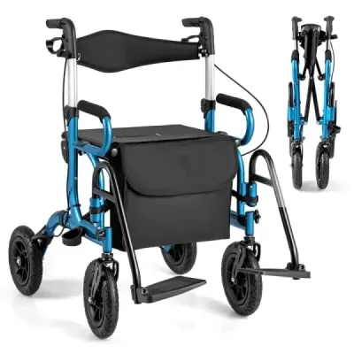 Rollator s pneumatikami skladací a ľahký so sedadlom 2 v 1 invalidný vozík a cestovný rollator Modrá