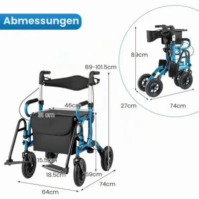 Rollator s pneumatikami skladací a ľahký so sedadlom 2 v 1 invalidný vozík a cestovný rollator Modrá