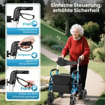 Rollator s pneumatikami skladací a ľahký so sedadlom 2 v 1 invalidný vozík a cestovný rollator Modrá